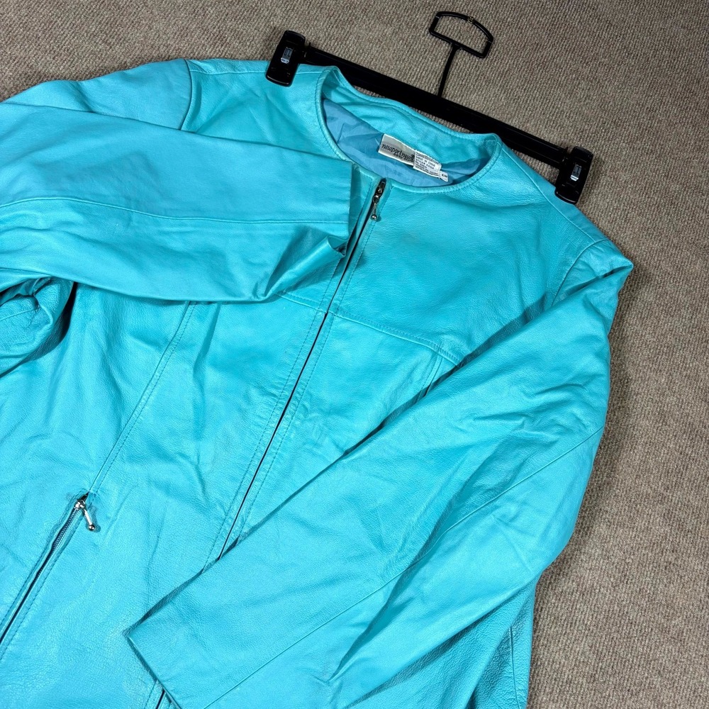Newport News Easy Style Leather Jacket Womens 16W Turquoise Fully Lined Full Zip - Picture 2 of 10